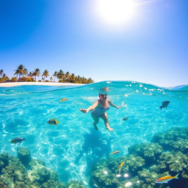 A serene and picturesque scene of a person swimming in the crystal clear blue ocean