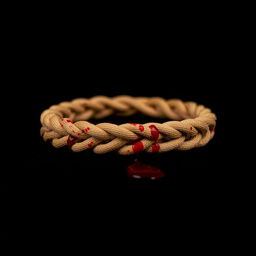 A close-up image of a tan waxed cotton cord bracelet stained with blood, lying flat against a solid black background