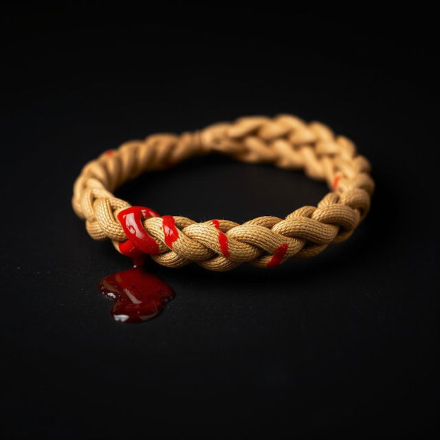 A close-up image of a tan waxed cotton cord bracelet stained with blood, lying flat against a solid black background