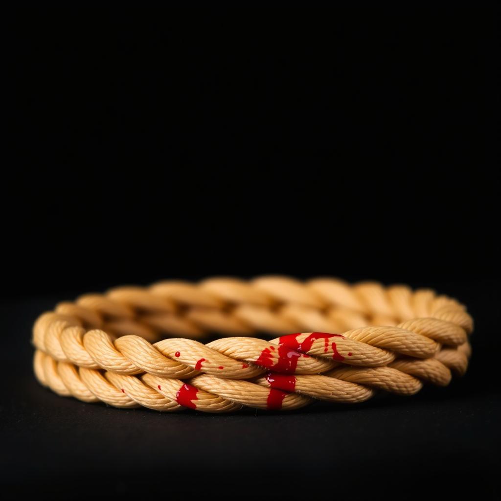 A close-up image of a tan waxed cotton cord bracelet stained with blood, lying flat against a solid black background