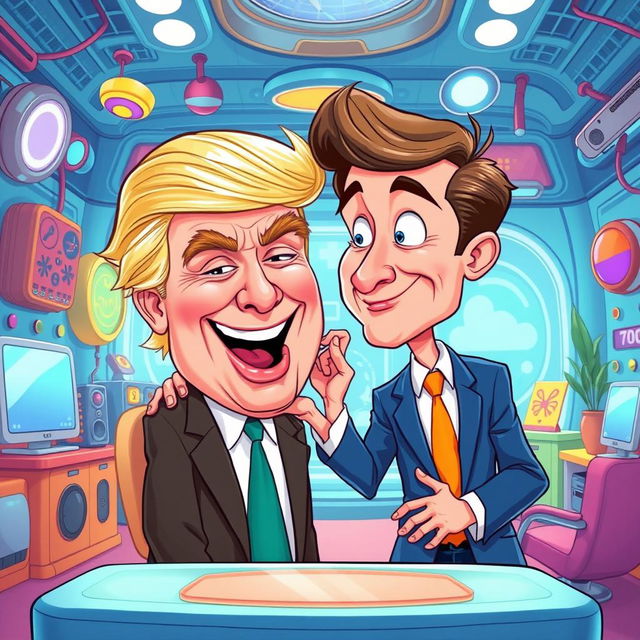 A surreal and humorous illustration of a large, exaggerated caricature of Donald Trump playfully interacting with a cartoonish depiction of Elon Musk