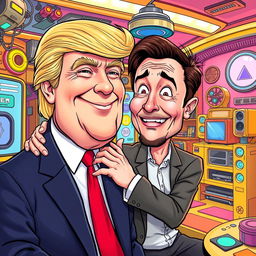 A surreal and humorous illustration of a large, exaggerated caricature of Donald Trump playfully interacting with a cartoonish depiction of Elon Musk