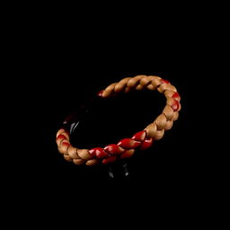 A striking image of a tan waxed cotton cord bracelet that is thoroughly soaked in blood, lying flat against a solid black background
