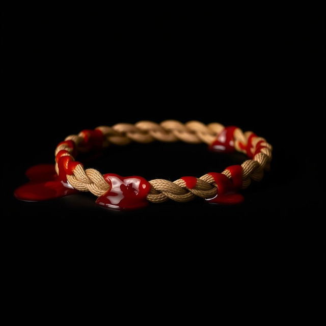 A striking image of a tan waxed cotton cord bracelet that is thoroughly soaked in blood, lying flat against a solid black background