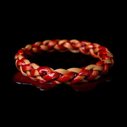 A striking image of a tan waxed cotton cord bracelet that is thoroughly soaked in blood, lying flat against a solid black background