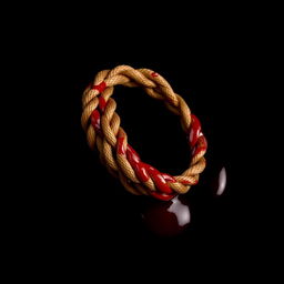 A striking image of a tan waxed cotton cord bracelet that is thoroughly soaked in blood, lying flat against a solid black background