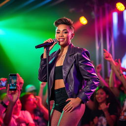 A talented singer performing on stage, wearing a stylish outfit that reflects a modern pop aesthetic
