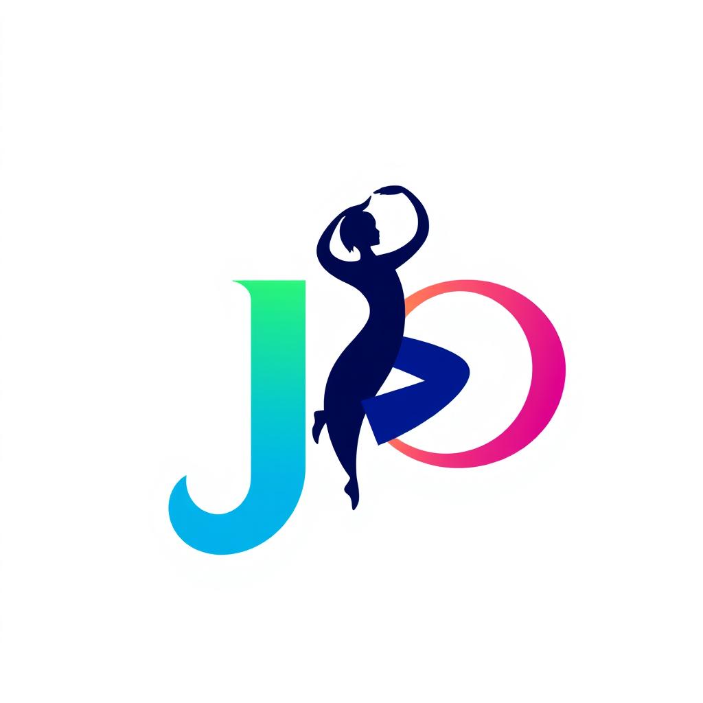 A modern and creative logo design featuring the letters 'J' and 'O' intertwined to form the silhouette of a person dancing