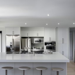 A well-lit, modern kitchen with stainless steel appliances, white cabinets, and a large island in the center.