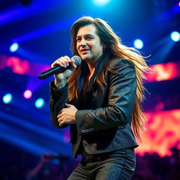 A portrait of a famous singer, embodying charisma and talent, standing confidently on a grand stage