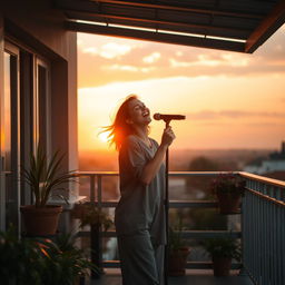 A serene scene of a person singing alone on a peaceful balcony with a beautiful sunset in the background