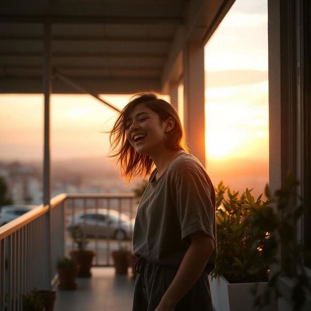 A serene scene of a person singing alone on a peaceful balcony with a beautiful sunset in the background