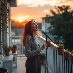 A serene scene of a person singing alone on a peaceful balcony with a beautiful sunset in the background