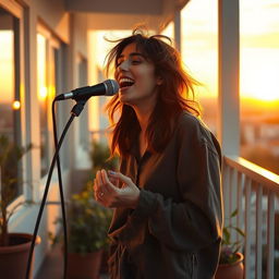 A serene scene of a person singing alone on a peaceful balcony with a beautiful sunset in the background