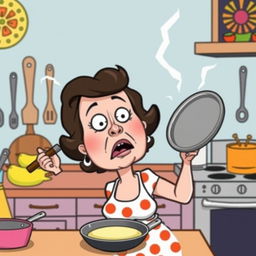 A humorous cartoon illustration of a woman resembling Marjorie Taylor Greene getting hit in the face with a frying pan