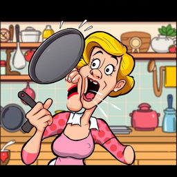 A humorous cartoon illustration of a woman resembling Marjorie Taylor Greene getting hit in the face with a frying pan