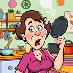 A humorous cartoon illustration of a woman resembling Marjorie Taylor Greene getting hit in the face with a frying pan