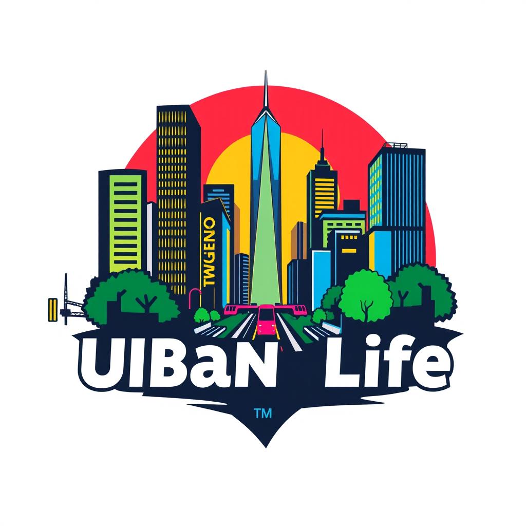 A vibrant urban logo design that captures the essence of city life, featuring iconic elements like skyscrapers, street art, and public transport