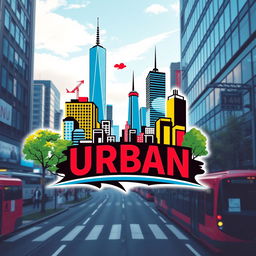 A vibrant urban logo design that captures the essence of city life, featuring iconic elements like skyscrapers, street art, and public transport