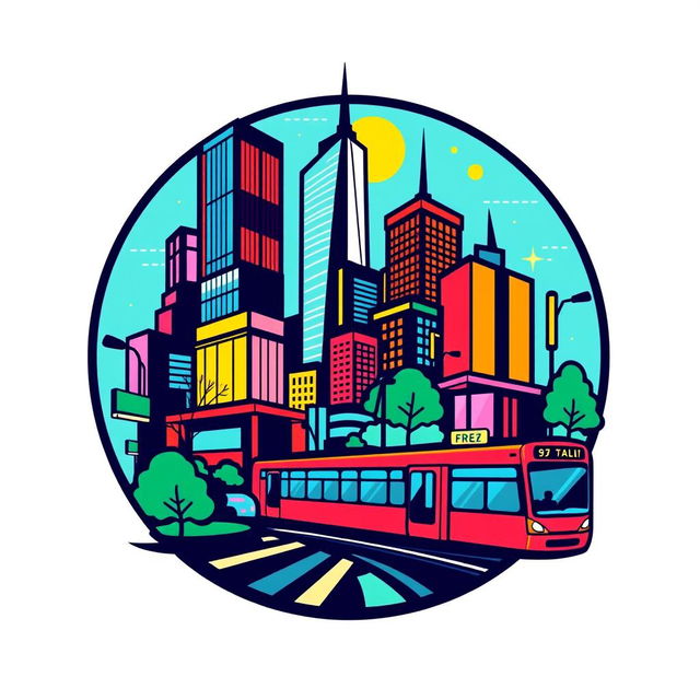 A vibrant urban logo design that captures the essence of city life, featuring iconic elements like skyscrapers, street art, and public transport