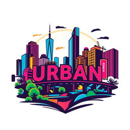 A vibrant urban logo design that captures the essence of city life, featuring iconic elements like skyscrapers, street art, and public transport