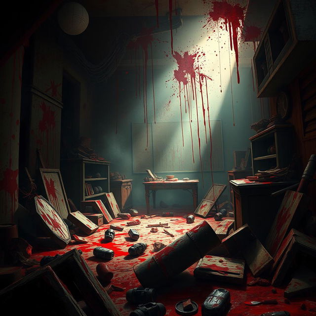 A dramatic and gory scene featuring a richly detailed, chaotic environment that captures an unsettling atmosphere