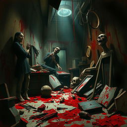 A dramatic and gory scene featuring a richly detailed, chaotic environment that captures an unsettling atmosphere