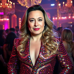 Elon Musk dressed in glamorous drag attire, featuring a stunning sequined gown that shimmers in vibrant colors, with intricate beadwork
