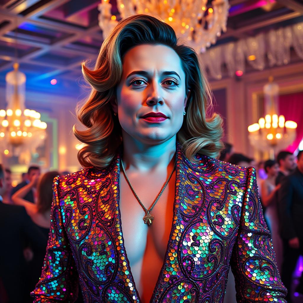 Elon Musk dressed in glamorous drag attire, featuring a stunning sequined gown that shimmers in vibrant colors, with intricate beadwork