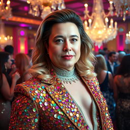 Elon Musk dressed in glamorous drag attire, featuring a stunning sequined gown that shimmers in vibrant colors, with intricate beadwork