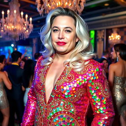 Elon Musk dressed in glamorous drag attire, featuring a stunning sequined gown that shimmers in vibrant colors, with intricate beadwork
