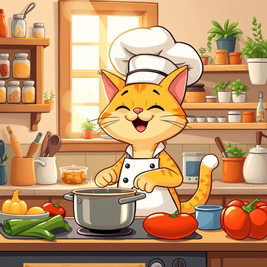 A cute cartoon-style cat wearing a chef's hat and apron, happily cooking in a cozy kitchen