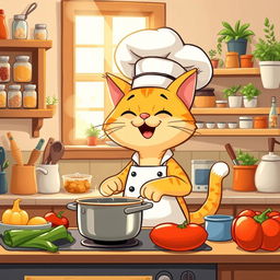 A cute cartoon-style cat wearing a chef's hat and apron, happily cooking in a cozy kitchen