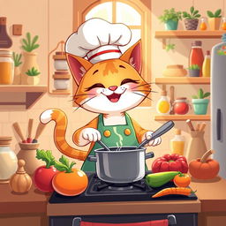 A cute cartoon-style cat wearing a chef's hat and apron, happily cooking in a cozy kitchen
