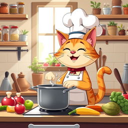 A cute cartoon-style cat wearing a chef's hat and apron, happily cooking in a cozy kitchen
