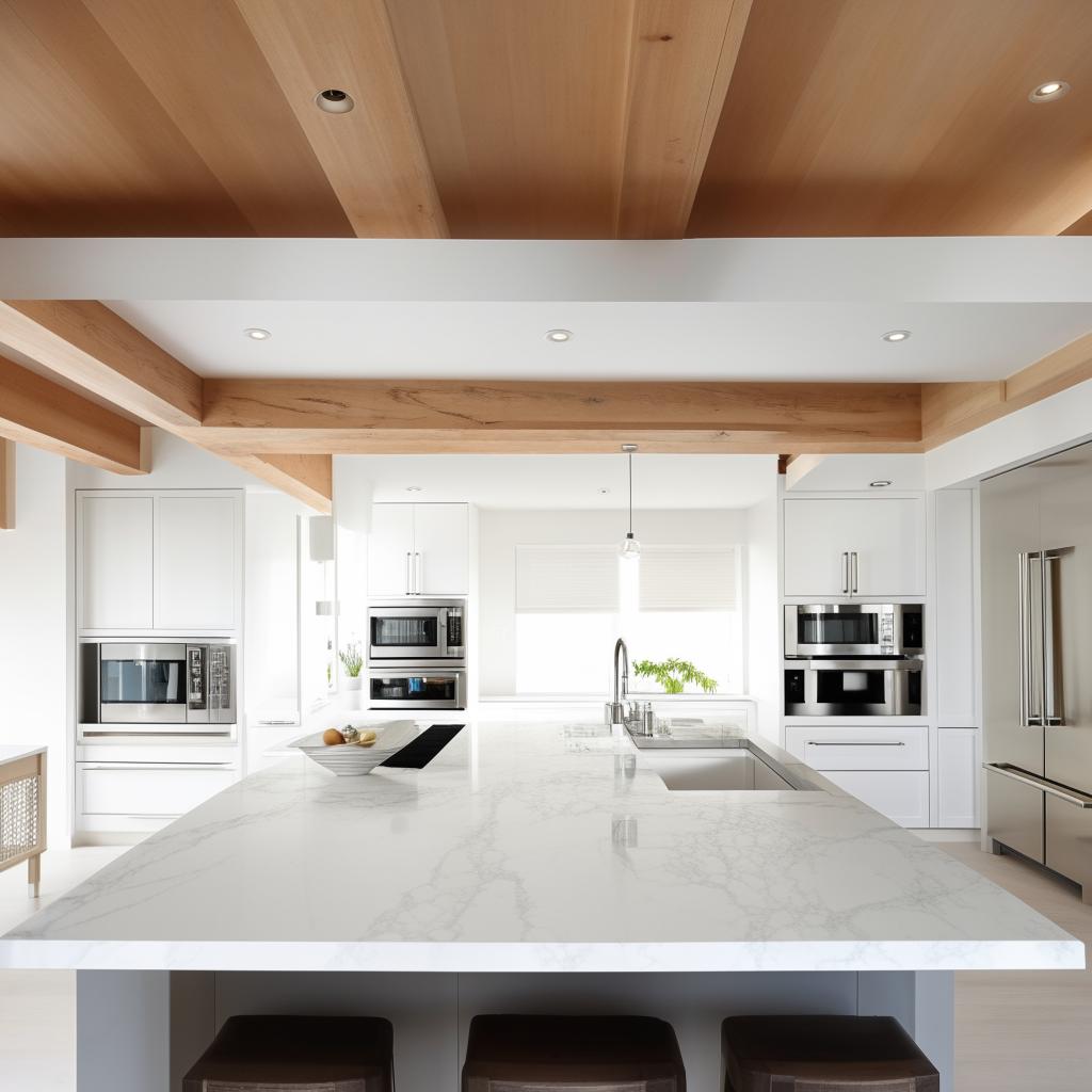 A well-lit, modern kitchen with stainless steel appliances, white cabinets, and a large island in the center.