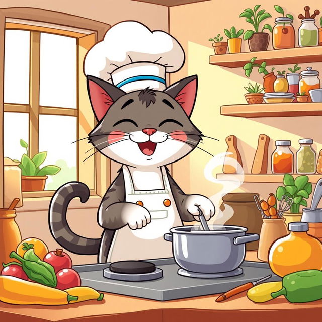 A cute cartoon-style cat wearing a chef's hat and apron, happily cooking in a cozy kitchen