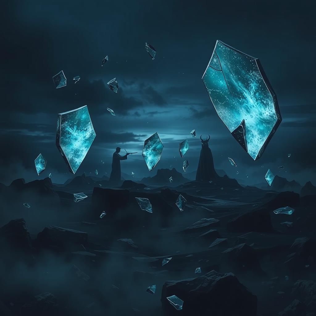 In a dark, mystical fantasy world, a surreal landscape filled with floating, broken mirrors and shards of glass