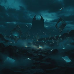 In a dark, mystical fantasy world, a surreal landscape filled with floating, broken mirrors and shards of glass