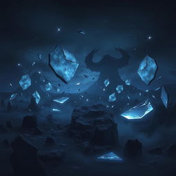 In a dark, mystical fantasy world, a surreal landscape filled with floating, broken mirrors and shards of glass
