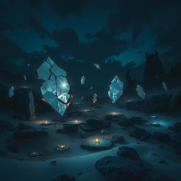 In a dark, mystical fantasy world, a surreal landscape filled with floating, broken mirrors and shards of glass