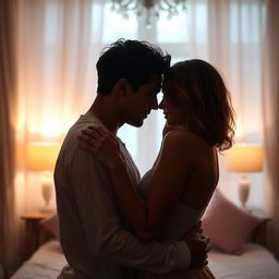 A sensual and intimate scene featuring two adults in an embracing pose, capturing the essence of romance and passion