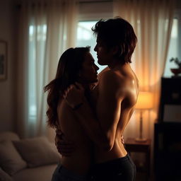 A sensual and intimate scene featuring two adults in an embracing pose, capturing the essence of romance and passion