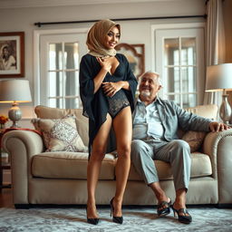 A stylish woman wearing a hijab, elegant stiletto pointy heels, and sophisticated lingerie, stands confidently in front of an older white man sitting comfortably on a plush sofa