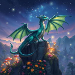 A beautifully detailed fan art illustration of a fantasy creature resembling a majestic dragon, with glistening iridescent scales in shades of emerald green and sapphire blue