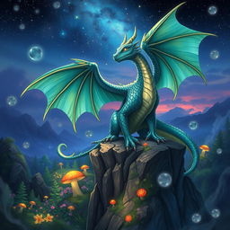 A beautifully detailed fan art illustration of a fantasy creature resembling a majestic dragon, with glistening iridescent scales in shades of emerald green and sapphire blue