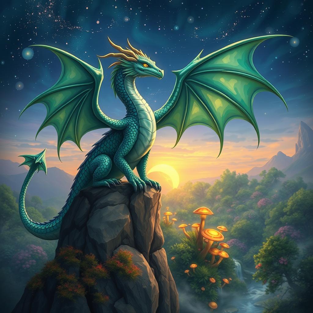 A beautifully detailed fan art illustration of a fantasy creature resembling a majestic dragon, with glistening iridescent scales in shades of emerald green and sapphire blue