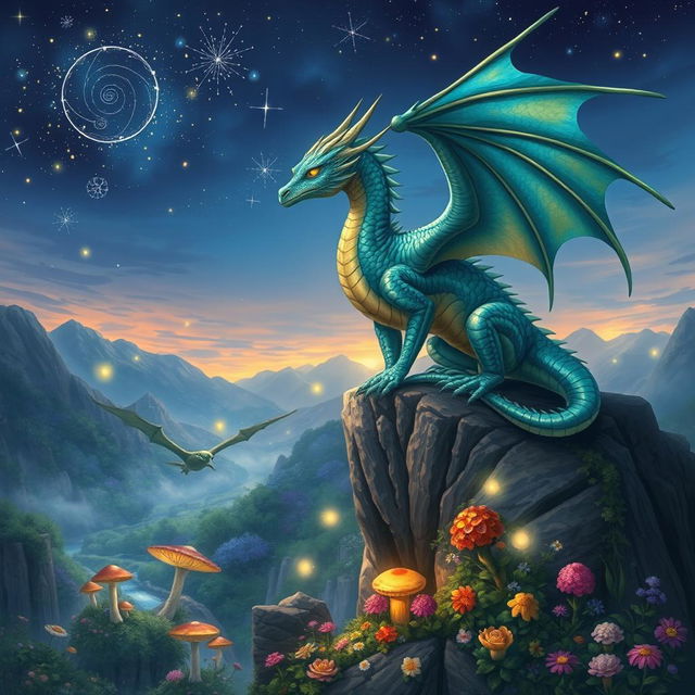 A beautifully detailed fan art illustration of a fantasy creature resembling a majestic dragon, with glistening iridescent scales in shades of emerald green and sapphire blue