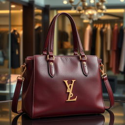 A luxurious and elegant designer handbag, crafted with high-quality leather in a rich mahogany color
