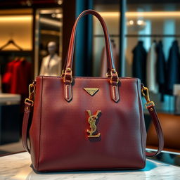 A luxurious and elegant designer handbag, crafted with high-quality leather in a rich mahogany color